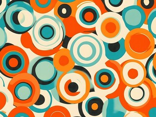 Retro 1960s mod-style pattern with circles and lines, vibrant orange, turquoise, and white