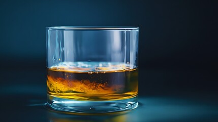 Close-up of Glass with Amber Liquid and Ice on Dark Background
