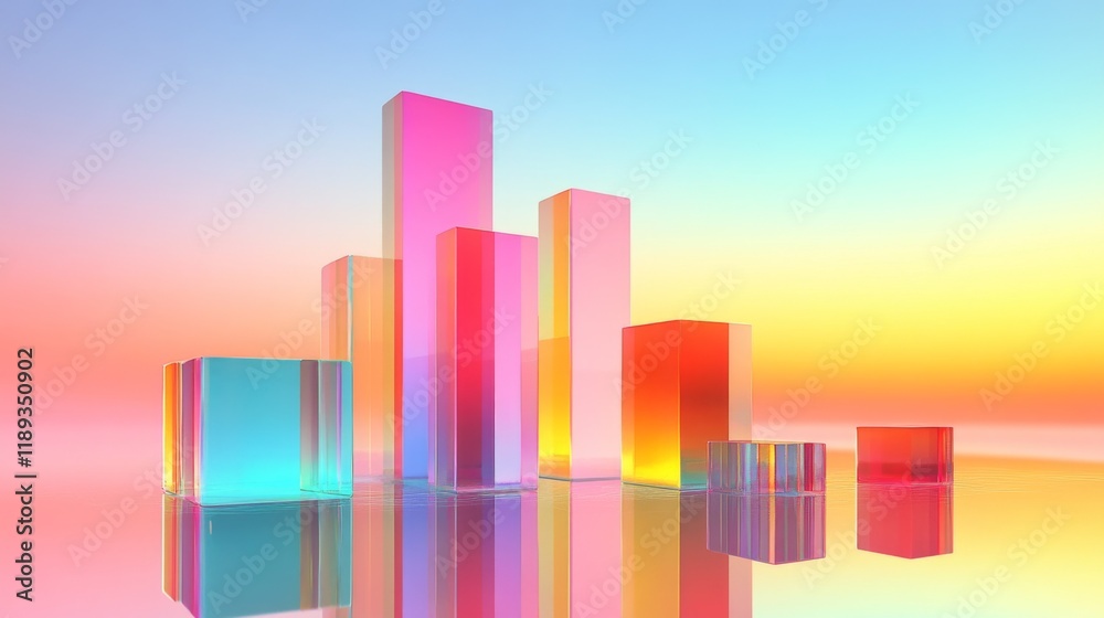 Leinwandbilder A visually striking D bar graph with reflective surfaces, showcasing various data sets in different heights, placed on a gradient background for a professional presentation.