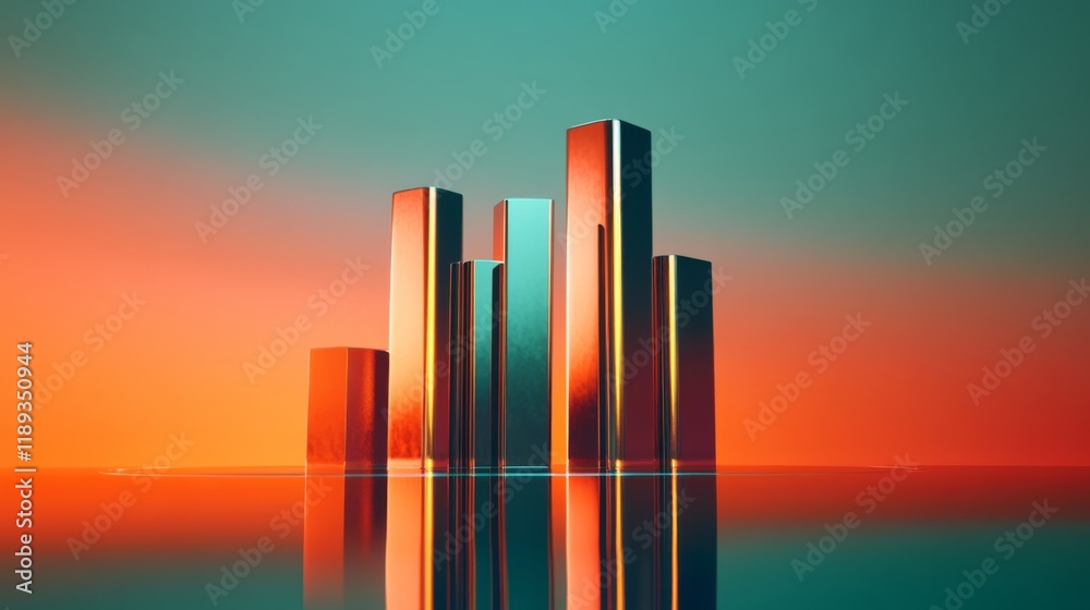 Poster a visually striking d bar graph with reflective surfaces, showcasing various data sets in different 