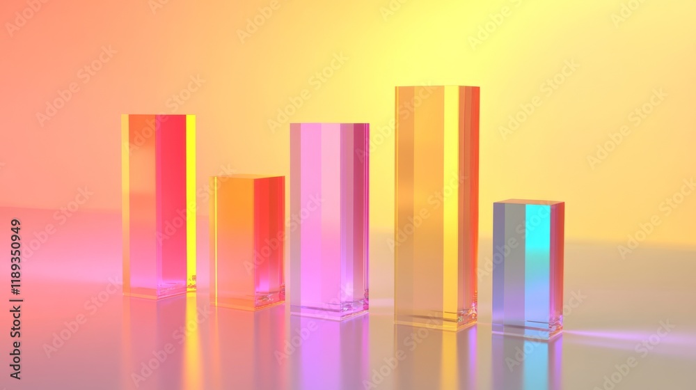 Fototapete A visually striking D bar graph with reflective surfaces, showcasing various data sets in different heights, placed on a gradient background for a professional presentation.