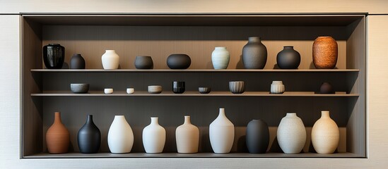 A curated collection of ceramic vessels in varying shapes, sizes, and earthy tones displayed on a sleek, minimalist shelf.