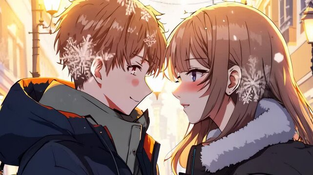A romantic anime-style couple standing close in a snowy city scene, softly illuminated by a winter evening glow with delicate snowflakes on their hair and blushing expressions.
