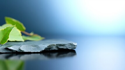 Serene green leaves rest softly on dark slate reflecting cool light. AI Generated