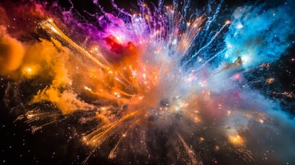 A whimsical composition of colorful fireworks bursting in different shapes and sizes, creating a dynamic and festive atmosphere against a dark background.