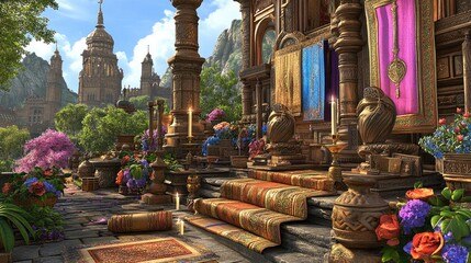 Colorful Garden Terrace with Ornate Carpets and Flowers Overlooking a Majestic Cityscape