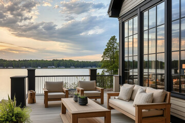 Naklejka premium Wooden house with terrace over lake 