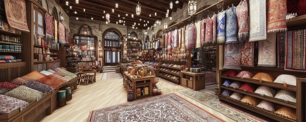 Naklejka premium Charming Interior of a Traditional Carpet and Textile Shop with Colorful Decor