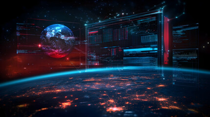 Obraz premium Global network data visualization, showing worldwide connectivity and digital information flow against a backdrop of a night-lit Earth, suitable for tech and communication visuals