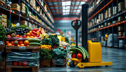 Fototapeta premium Pallet Jack Loading Fresh Produce at a Warehouse