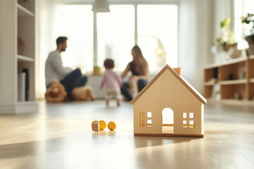 Little wooden house on floor of cozy room with happy family playing in background 
