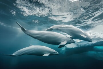 Naklejka premium A pod of beluga whales swimming gracefully beneath the icy surface of the Arctic Ocean
