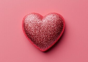 Fototapeta premium Glittery red heart on soft pink background, evoking love and romance