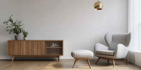 Interior of a bright living room with armchair on empty white wall background. 
