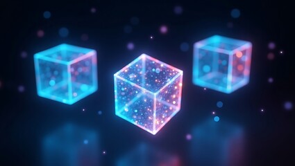 Abstract 3d glowing holographic cube background. Generative Ai.