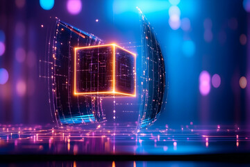 Glowing Cube Hologram, Futuristic Data, Abstract Background, Technology Concept