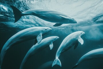 Fototapeta premium A pod of beluga whales swimming gracefully beneath the icy surface of the Arctic Ocean