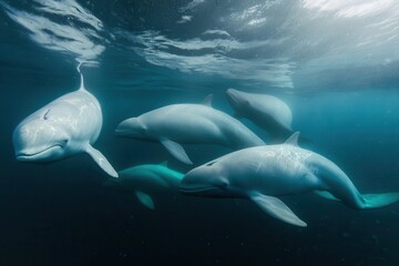 Fototapeta premium A pod of beluga whales swimming gracefully beneath the icy surface of the Arctic Ocean