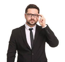 Portrait of banker in glasses on white background