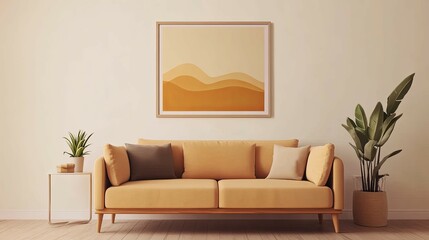 Calm Living Room: Mustard Sofa with Abstract Landscape Art