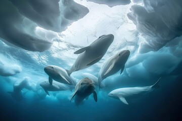 Fototapeta premium A pod of beluga whales swimming gracefully beneath the icy surface of the Arctic Ocean