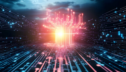 Naklejka premium Glowing digital tree in circuit landscape, futuristic technology concept, data network background, ideal for tech websites