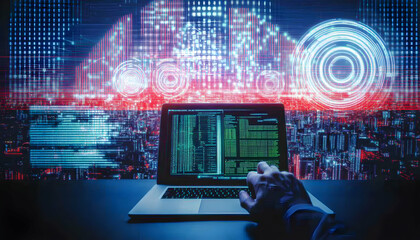 Obraz premium Hacker coding on laptop, city background, cybersecurity, data protection