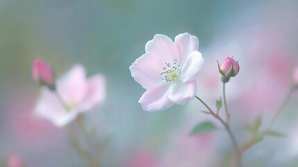 Obraz premium Pastel Dreams: Delicate pink roses in soft focus, creating a dreamy, ethereal atmosphere. The gentle hues and blurred background evoke a sense of calm and tranquility. 