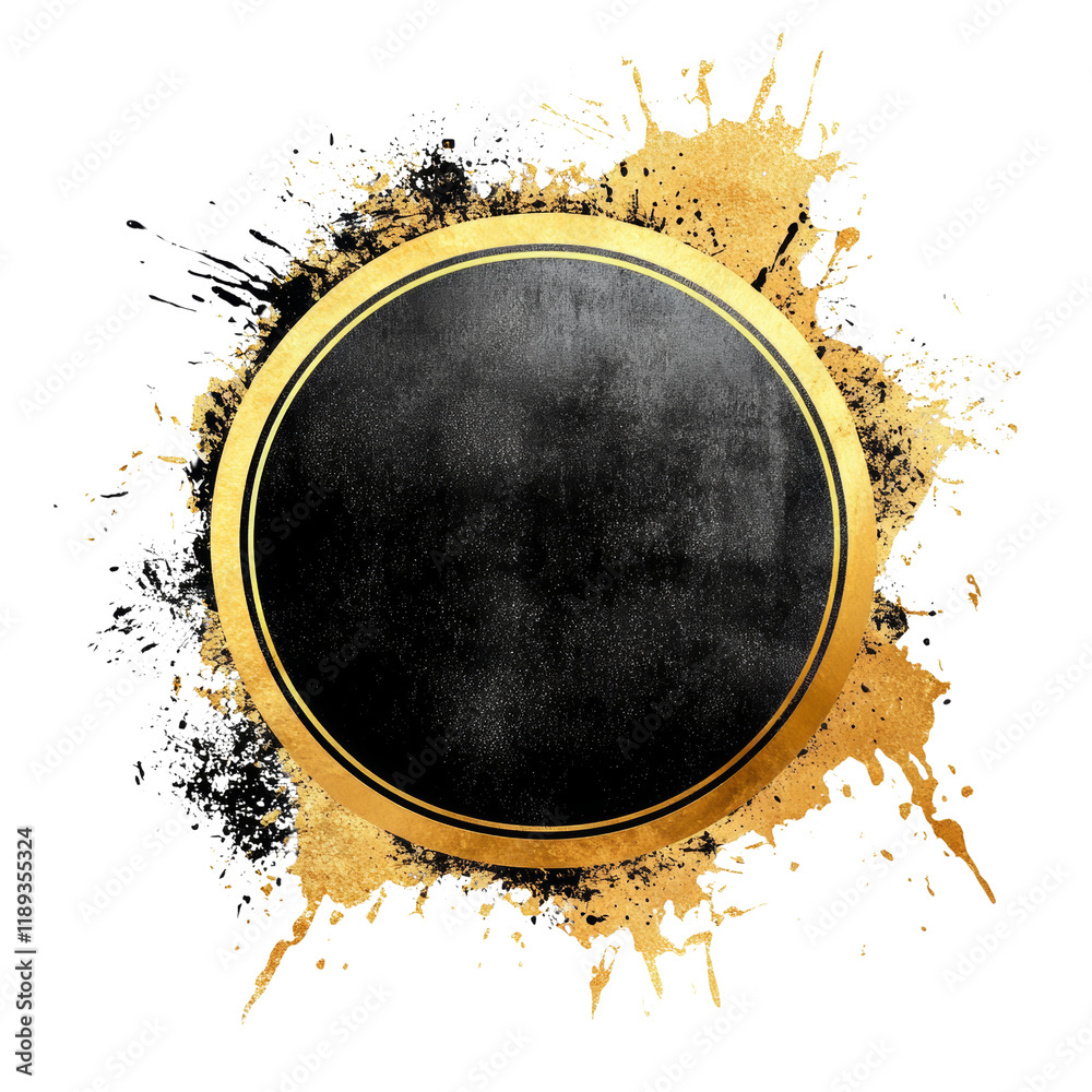 Aufkleber a black circle with a golden border is surrounded by abstract gold and black paint splashes on a bla
