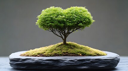 Miniature Bonsai Tree Heart Shaped Foliage In Stone Pot