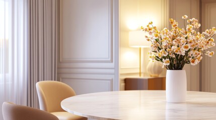 A serene interior scene featuring a round table, elegant chairs, and a vase of flower.