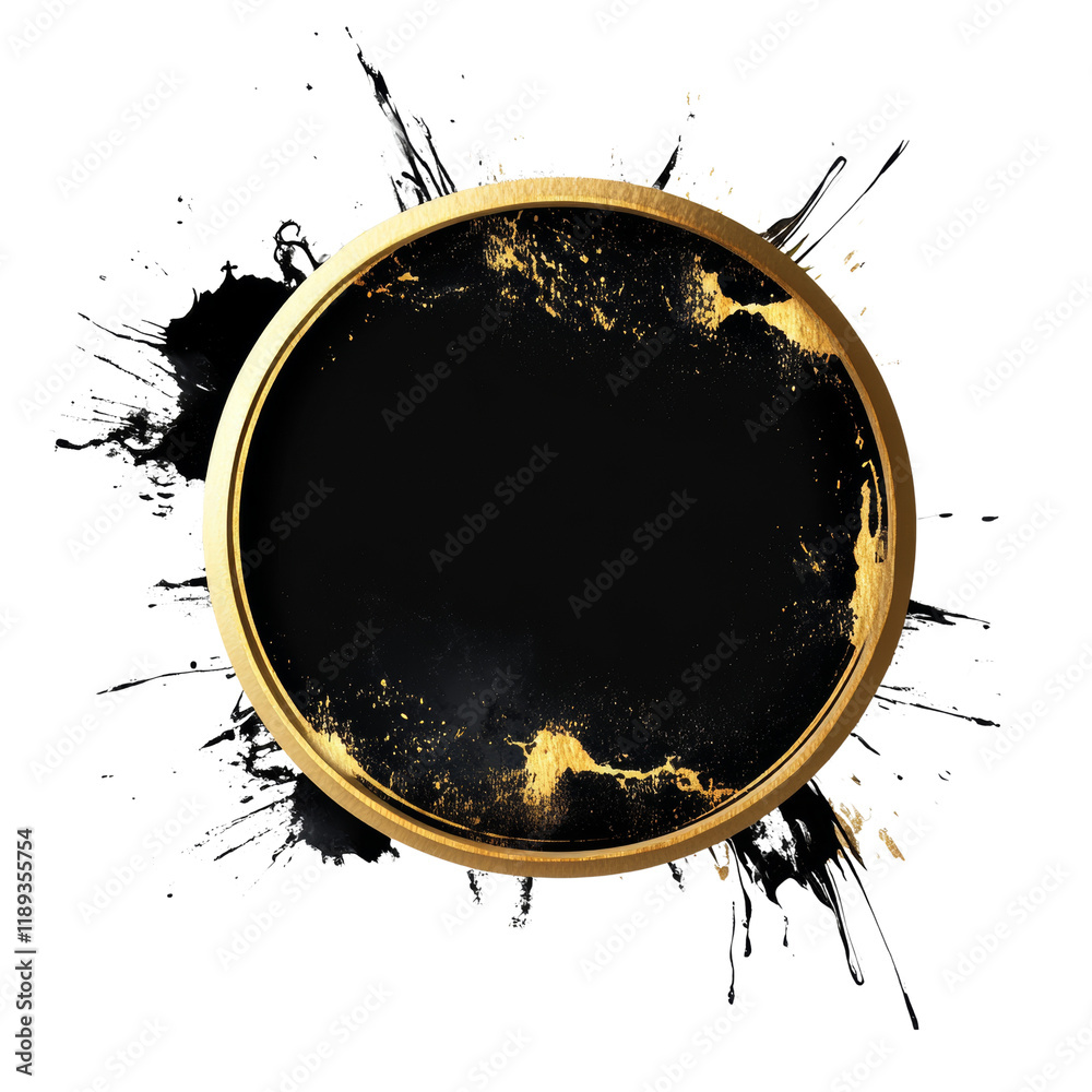Poster a circular golden frame encircles a black surface with gold paint splashes and white stylized splatt