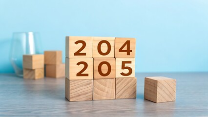 2025 Happy New Year. Wooden cube block change from 2024 to 2025 on blue. Concept 2025 New Year background. Business, resolutions, goals, inspiration, success, ideas