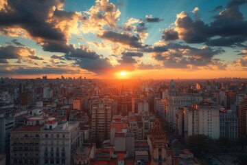 Obraz premium Breathtaking sunset over Buenos Aires, Argentina captivating the skyline with vibrant colors and dramatic clouds, signaling the end of the day in a bustling city