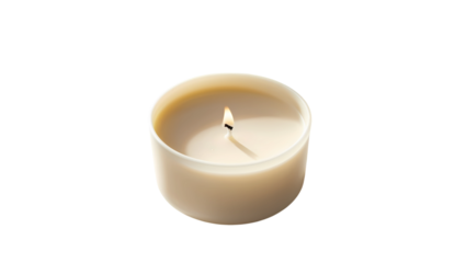The image features a cylindrical candle with creamy off-white wax that glows softly, centered by a small, bright flame.