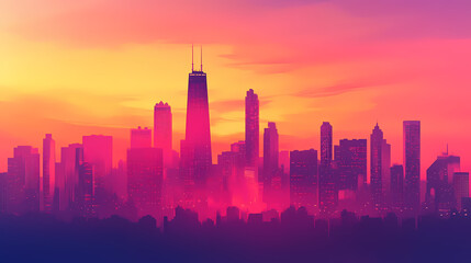 Fototapeta premium Majestic city skyline at dusk with dramatic shades of red. Duskfall. Illustration
