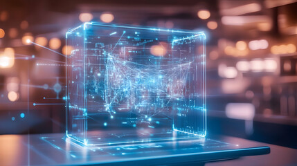 Obraz premium Holographic data cube, futuristic technology, city background, digital innovation concept, ideal for tech presentations