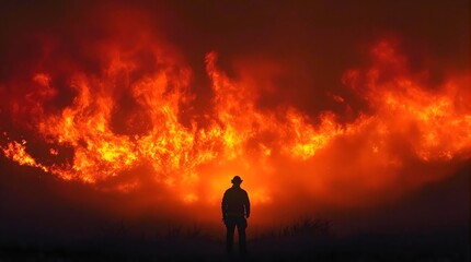 Obraz premium Firefighter Standing in Front of a Large Wildfire at Night