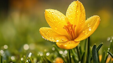 Fototapeta premium Macro Shot of a Single Yellow Spring Flower with Dew in Meadow