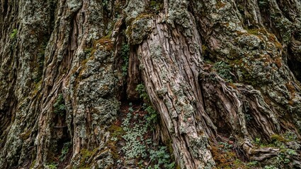 Detailed close up of ancient tree trunk with moss  lichen showcasing centuries of growth  resilience in serene forest