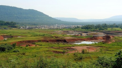 Scenic Rural Landscape Featuring Rolling Hills and a Quaint Village Under a Clear Sky