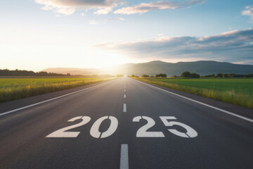 2025 Goal plan action, Business target and growth strategy. New year resolution and challenge. 2025 on the road in the middle of asphalt road with at sunset forward and planning to the goal. 