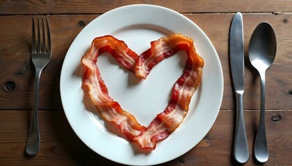 Bacon shaped into a heart on a plate for breakfast lunch dinner funny playful meal love valentine date