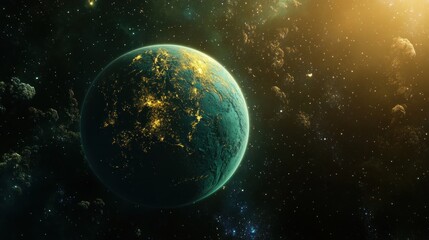 Fototapeta premium A Celestial Jewel: An Exoplanet's Night Lights Glimmering Amidst Cosmic Dust and Nebulae