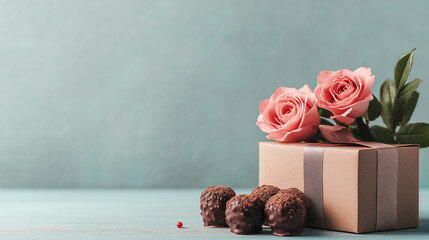 Gift box wrapped for Valentine's Day with roses and chocolate treats displayed on a vintage table
