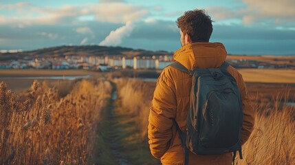 Fototapeta premium Adventurer with Backpack on Scenic Autumn Pathway Overlooking Village