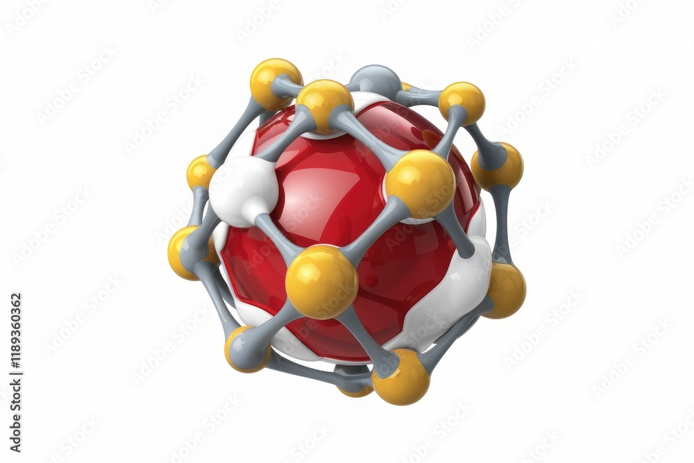 Poster abstract 3d model of a molecule, a sphere with connecting atoms, representing science, technology, o