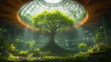 Majestic tree thriving in a sunlit, decaying indoor structure.