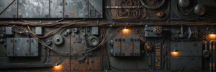 Industrial steampunk wall with gears wires pipes and warm lighting for background