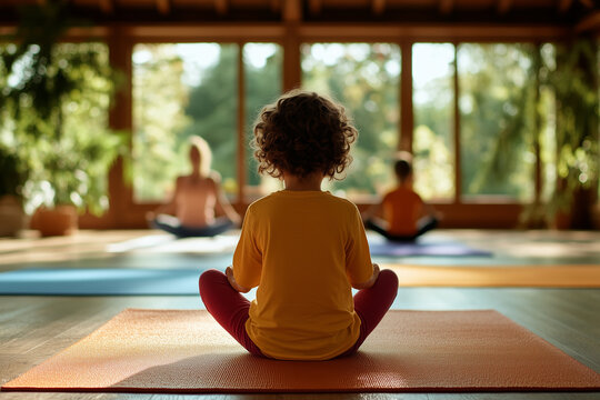 Cozy living room yoga session with children and adults focusing on wellness and mindfulness together - Powered by Adobe